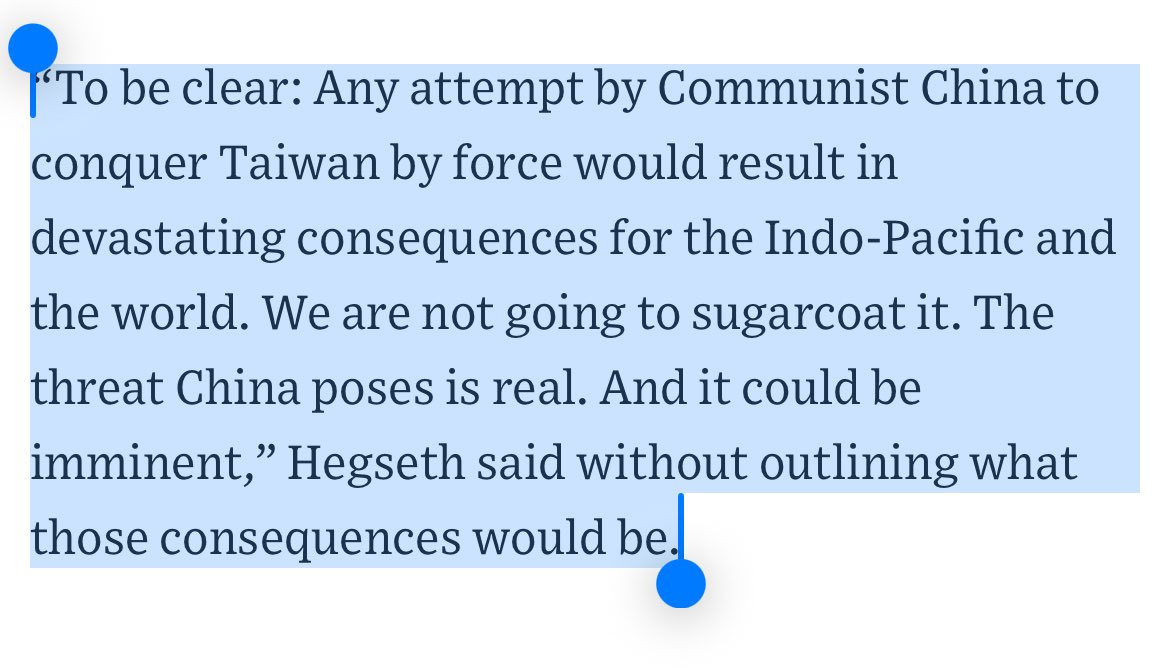 Dan Caldwell 🇺🇸 (@dandcaldwell) on Twitter photo I think this tweet misrepresents what <a href="/SecDef/">Secretary of Defense Pete Hegseth</a> said. He didn’t make a firm commitment regarding Taiwan’s defense in his remarks and they were in line with strategic ambiguity. He was stating the obvious that an invasion of Taiwan would be bad for the region: I think this tweet misrepresents what <a href="/SecDef/">Secretary of Defense Pete Hegseth</a> said. He didn’t make a firm commitment regarding Taiwan’s defense in his remarks and they were in line with strategic ambiguity. He was stating the obvious that an invasion of Taiwan would be bad for the region: