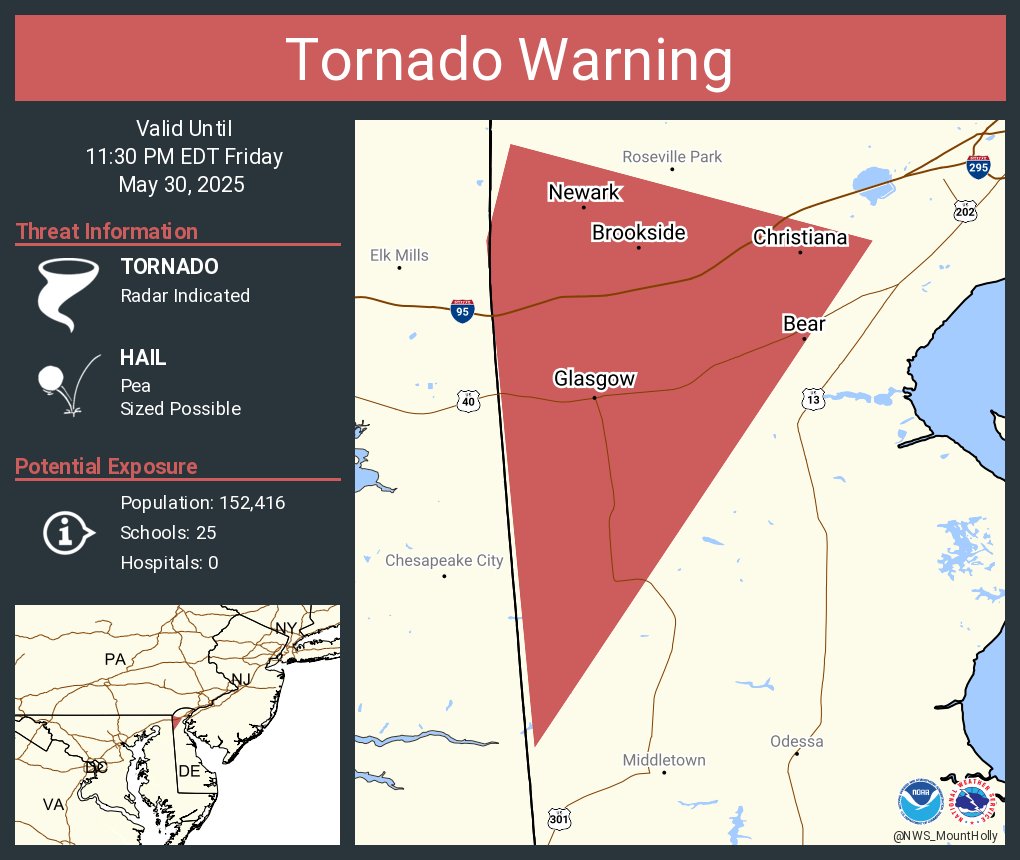 Tornado Warning including Newark DE, Bear DE and  Brookside DE until 11:30 PM EDT