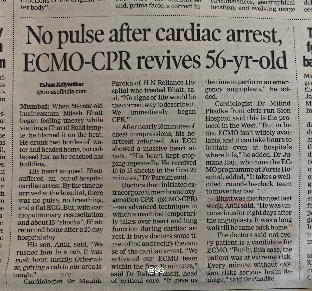 Everyone knows / has heard about CPR.....
But do u know about E-CPR?
It is 10x form of CPR. 
E-CPR is a form of CPR that can be used if a person has an arrest ( no pulse) in a  hospital .
Doctors hook up a machine, called ECMO ( pronounced EKmo) (extracorporeal cardiopulmonary
