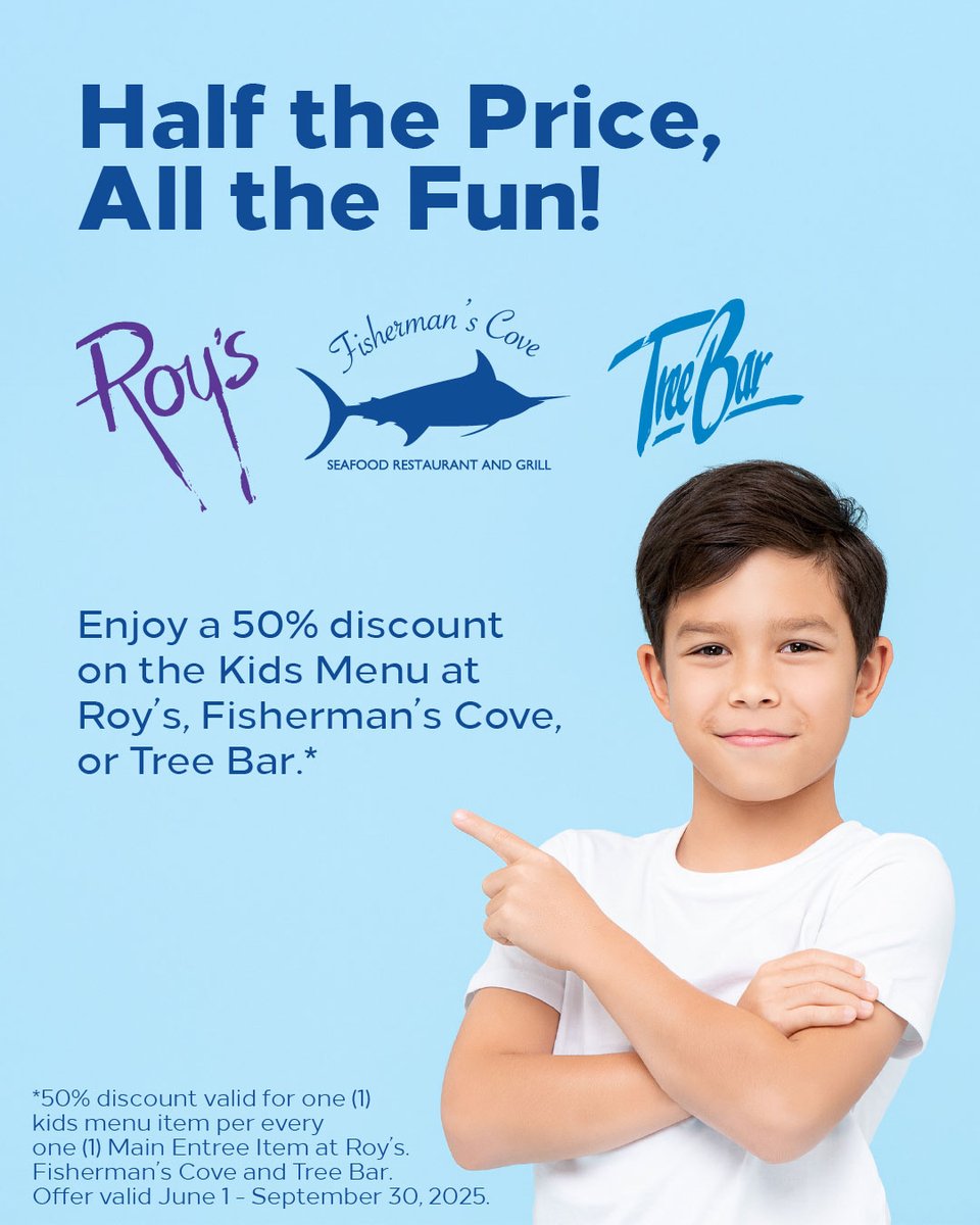 HiltonGuam's tweet photo. This Summer Is For the Kids!
From 🆓 ice cream at Caffè Cino to 🆓 buffets at Islander Terrace— and 50% off kids meals at Roy’s, Fisherman’s Cove, &amp; Tree Bar—something special’s waiting at every restaurant.
🍦🍽☀ 

June–September
Conditions apply.
Call 671 646 1835 for details. https://t.co/4iTU6FyVI1