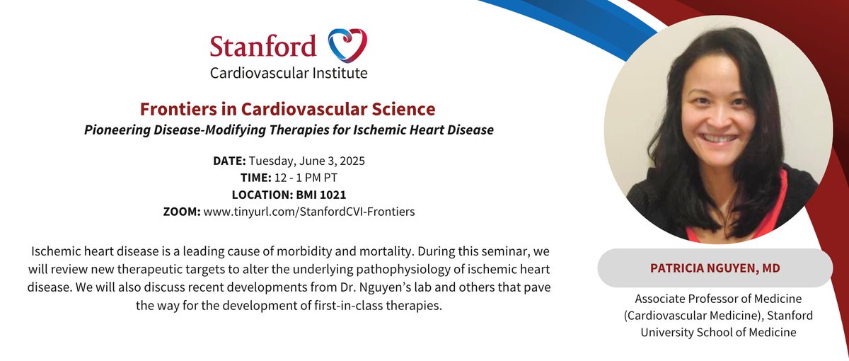 Joseph C Wu, MD, PhD (@joseph_c_wu) on Twitter photo Please join <a href="/StanfordCVI/">Stanford CVI</a> seminar on Tue 6/3 at 12pm PST by Dr. Patricia Nguyen <a href="/StanfordMed/">Stanford Medicine</a> <a href="/VAPaloAlto/">VA Palo Alto HCS</a>
speak on novel therapies for #ischemicheartdisease stanford.zoom.us/webinar/registā¦
<a href="/Stanford_ChEMH/">Sarafan ChEM-H</a> <a href="/StanfordDeptMed/">Stanford Department of Medicine</a>
<a href="/BCVSearlyCareer/">Basic Cardiovascular Sciences (BCVS) Early Career</a> <a href="/ATVBEarlyCareer/">ATVB Early Career Committee</a>
<a href="/vascularbiology/">NAVBO</a> <a href="/SeanM_Wu/">Sean M Wu, MD PhD</a> Please join <a href="/StanfordCVI/">Stanford CVI</a> seminar on Tue 6/3 at 12pm PST by Dr. Patricia Nguyen <a href="/StanfordMed/">Stanford Medicine</a> <a href="/VAPaloAlto/">VA Palo Alto HCS</a>
speak on novel therapies for #ischemicheartdisease stanford.zoom.us/webinar/registā¦
<a href="/Stanford_ChEMH/">Sarafan ChEM-H</a> <a href="/StanfordDeptMed/">Stanford Department of Medicine</a>
<a href="/BCVSearlyCareer/">Basic Cardiovascular Sciences (BCVS) Early Career</a> <a href="/ATVBEarlyCareer/">ATVB Early Career Committee</a>
<a href="/vascularbiology/">NAVBO</a> <a href="/SeanM_Wu/">Sean M Wu, MD PhD</a>