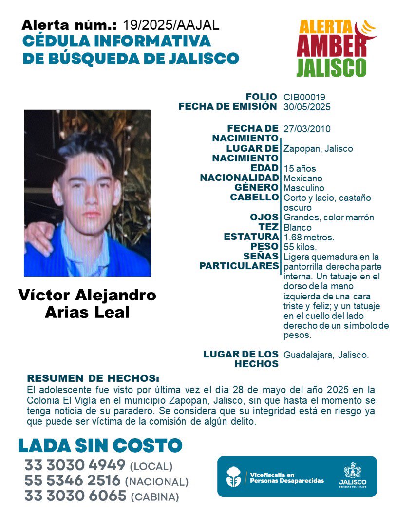 Se activa #AlertaAmber para la búsqueda y localización de Víctor Alejandro Arias Leal de 15 años. Gracias por compartir la información.