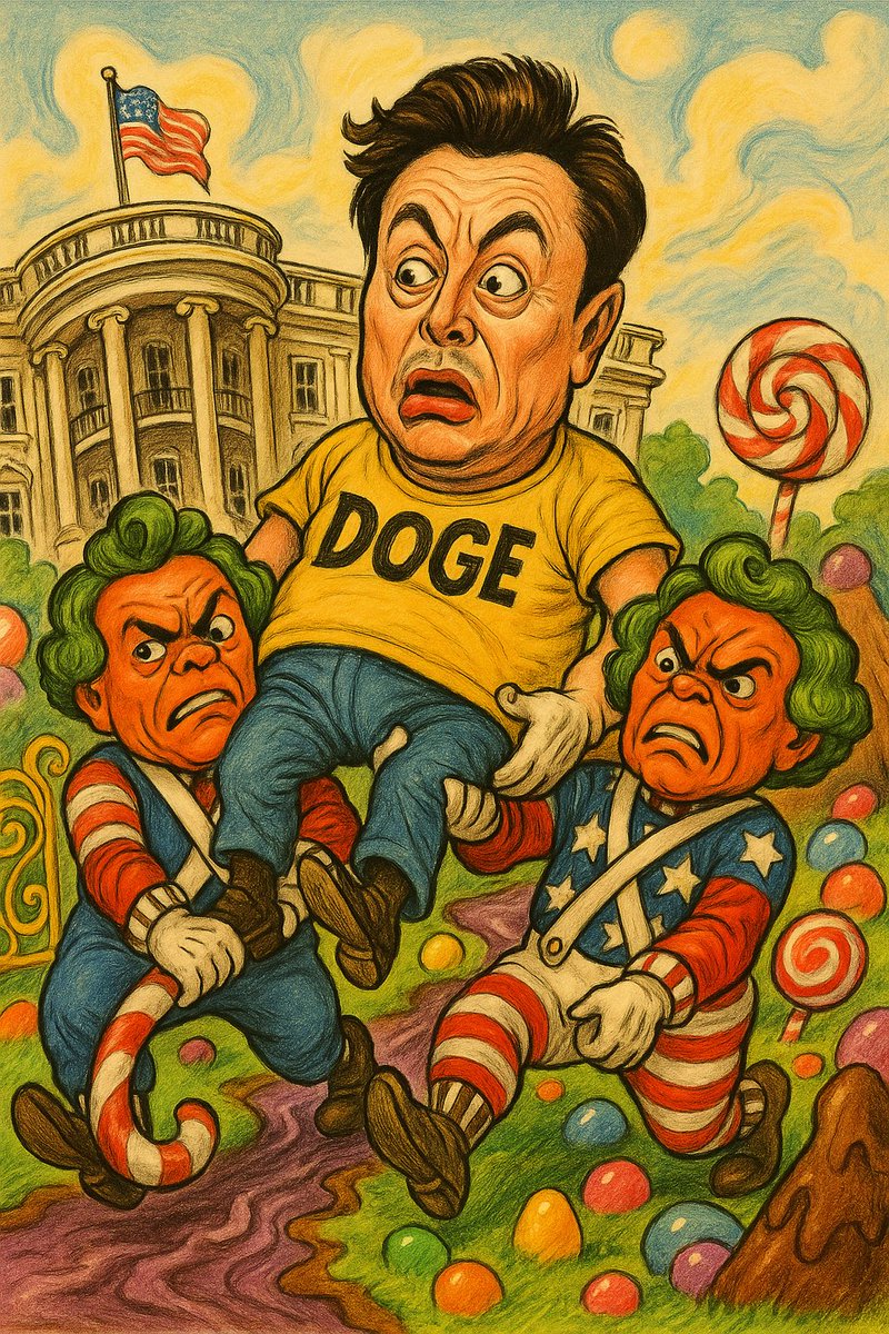 SatrclAuth's tweet photo. The DOGEfather gets Wonka'd — evicted by patriot oompas from the  White House  #DOGE #musk https://t.co/1Rk9T0p7NM