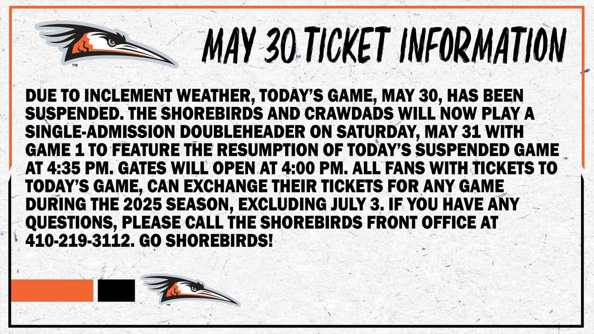 Due to inclement weather, today's game, May 30, was suspended in the Top of the 5th. For May 30 ticket holders, you may exchange your tickets for any other game for the 2025 season, excluding July 3. 👇

Learn more 👉 bit.ly/43uiIW8

#FlyTogether | #Birdland