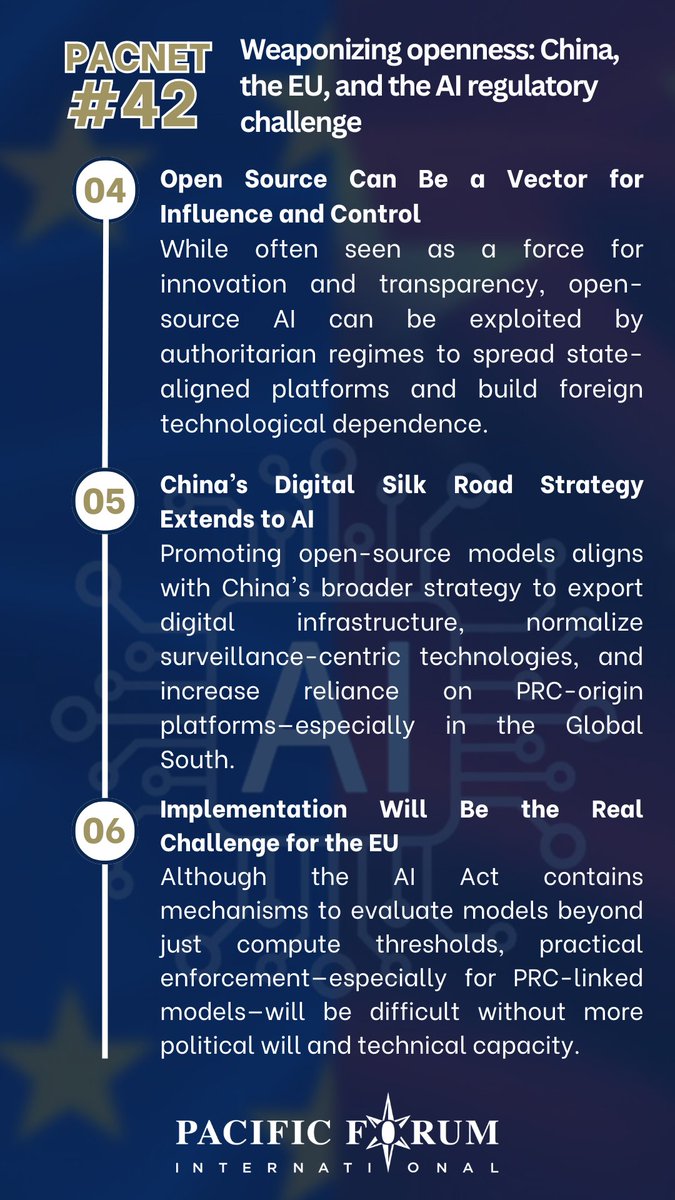 PacificForum's tweet photo. ๐ค Weaponizing openness?
In #PacNet 42, #PacificForum #YoungLeader James Paisley unpacks how #China may exploit the #EUโs #openAI regulatory approach, creating long-term strategic risks for #Europe and beyond.
๐ Read more: https://t.co/FNwWXTqRqU https://t.co/12zs4zWqN2