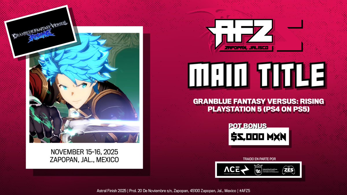 El quinto juego en unirse a #AF25 es GBVSR, título que jamás ha hecho falta en este torneo ¡Believe in Victory!

💵Pot Inicial: $5,000 MXN + Inscripciones
📅15 y 16 de Noviembre, 2025
🌎Zapopan, Jalisco

¡Te esperamos en el stream! Estamos en revelación 👊