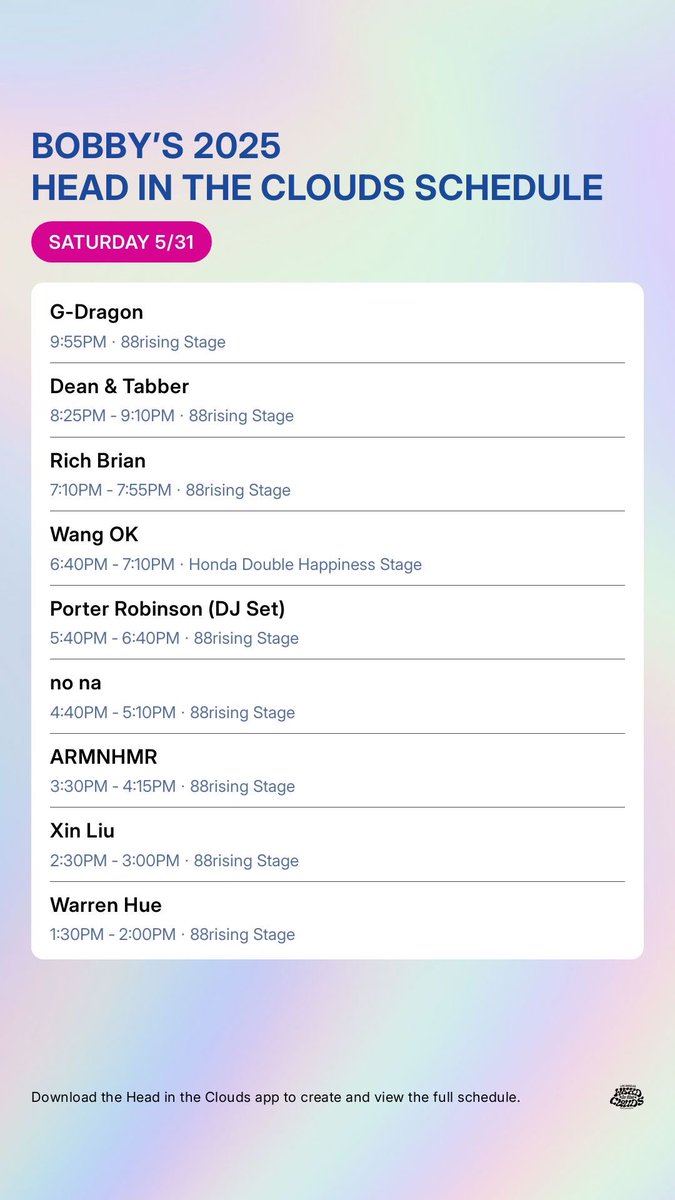 My schedule for <a href="/hitcfestival/">Head In The Clouds Festival</a> LA tomorrow! 😍😍❤️❤️🫶🏼🫶🏼🙏🙏

Anyone who is going? Who are you excited to see??
