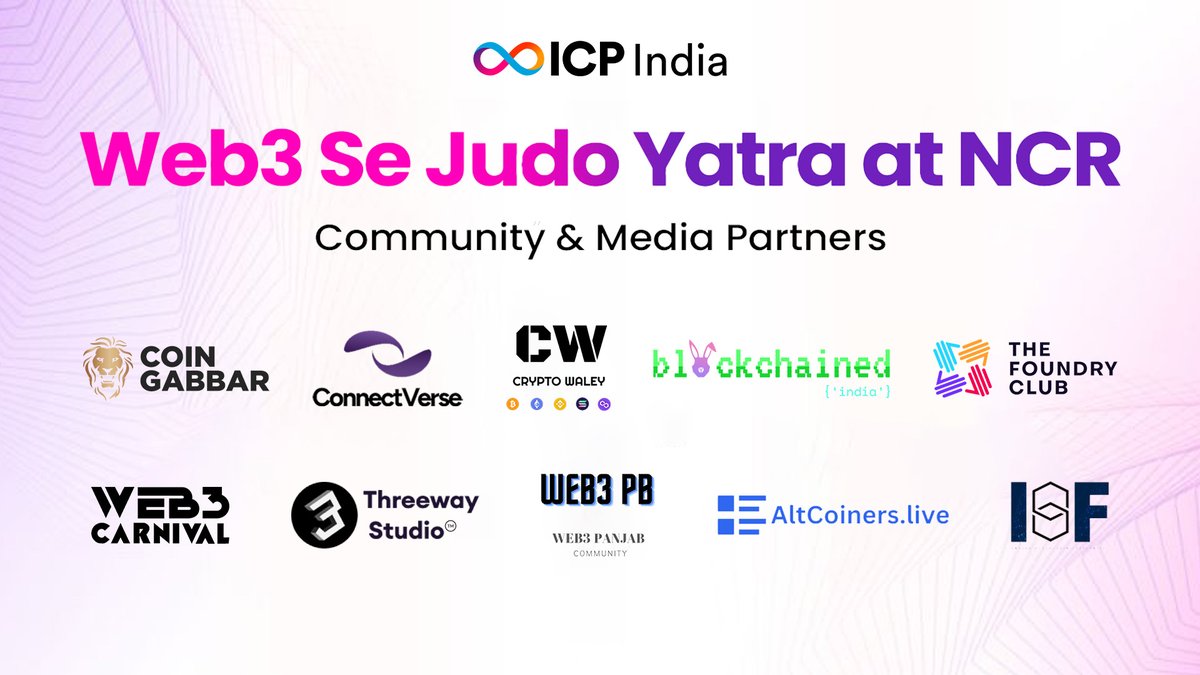 ICP Hub India - Crewsphere (@icphub_in) on Twitter photo Today’s the day.
Web3 Se Judo Yatra at Delhi NCR is live 🫡
Big love to our incredible Community & Media Partners for backing the mission to grow Web3 in India.
👉 <a href="/coin_gabbar_/">Coin Gabbar</a>, <a href="/ConnectVerse3/">ConnectVerse</a>, <a href="/cryptowaley/">CryptoWaley</a>, <a href="/blockchainedind/">BlockchainedIndia</a>, <a href="/web3carnival/">Web3 Carnival</a>, <a href="/Web3Panjab/">Web3 Panjab Community</a>, <a href="/Threewaystudios/">Threeway Studio ✈️ Super AI</a>, Today’s the day.
Web3 Se Judo Yatra at Delhi NCR is live 🫡
Big love to our incredible Community & Media Partners for backing the mission to grow Web3 in India.
👉 <a href="/coin_gabbar_/">Coin Gabbar</a>, <a href="/ConnectVerse3/">ConnectVerse</a>, <a href="/cryptowaley/">CryptoWaley</a>, <a href="/blockchainedind/">BlockchainedIndia</a>, <a href="/web3carnival/">Web3 Carnival</a>, <a href="/Web3Panjab/">Web3 Panjab Community</a>, <a href="/Threewaystudios/">Threeway Studio ✈️ Super AI</a>,