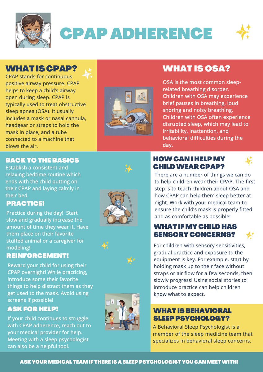 SPP_AdhSM's tweet image. Looking for tips to use with families to improve CPAP adherence? Share this handout, created by ASM SIG member Dr. Taylor MacLean at @Nemours! For more sleep-focused recommendations, join us at our upcoming webinar on 6/6. Register here: tinyurl.com/3m7e4634 @SPPDiv54