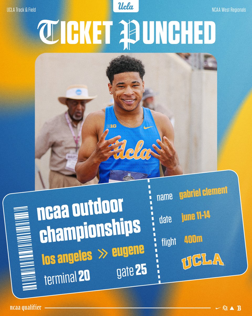 UCLATrack_Field's tweet photo. 𝐓𝐢𝐜𝐤𝐞𝐭 𝐏𝐮𝐧𝐜𝐡𝐞𝐝!

Gabriel Clement matched his PR in the 400m at 45.75 to finish sixth overall and claim an auto-qualifier into the NCAA Championships!

#GoBruins https://t.co/9bRUWjs5d9