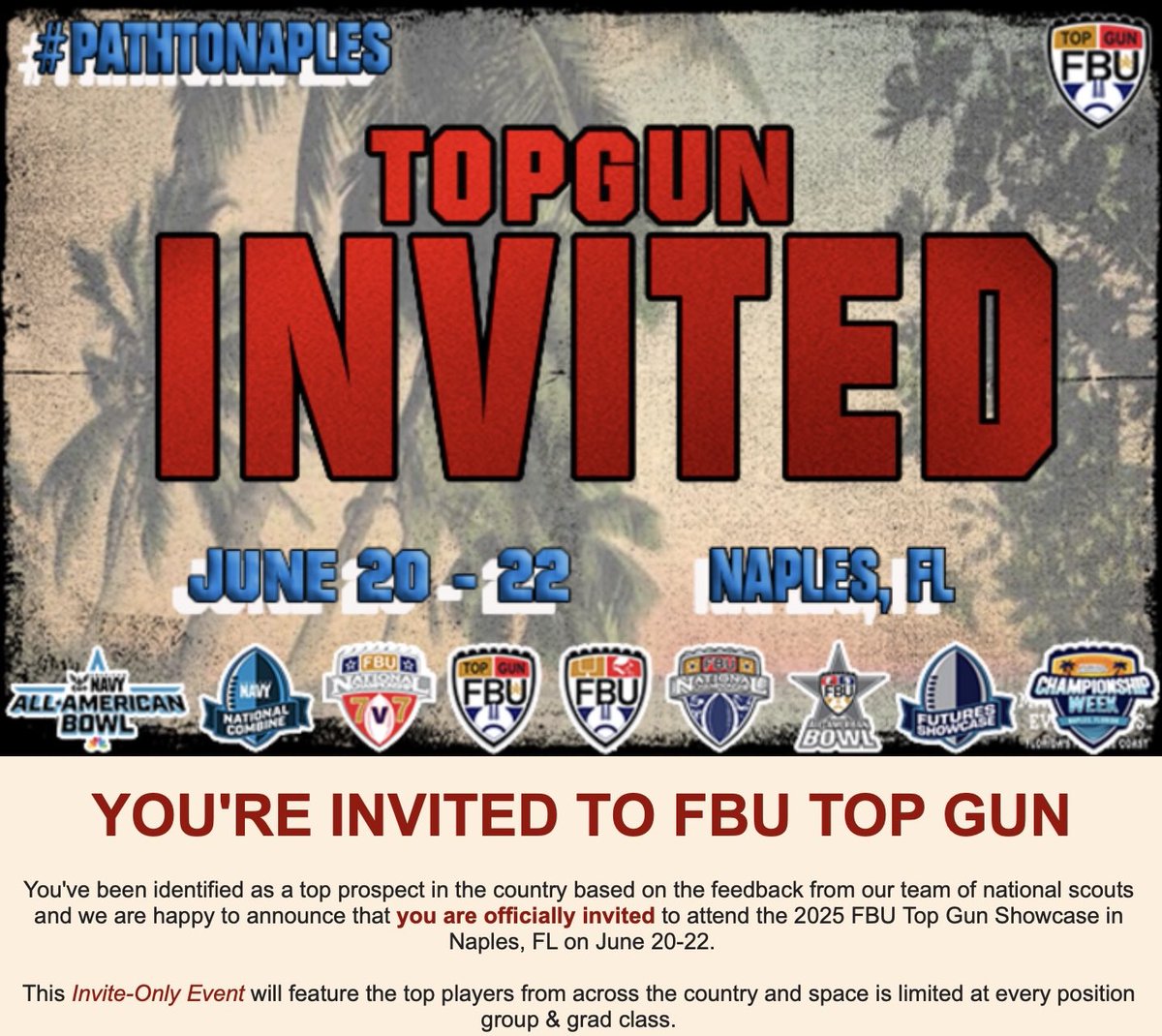 Luke Russell (@lukerussell_34) on Twitter photo ⭐️ So hyped to compete for a 2nd time at <a href="/FBUcamp/">Football University</a> ’s TopGun in Naples this June! Time to earn it💯. <a href="/AABonNBC/">Navy All-American Bowl</a> get ready! ⭐️ #AllGloryToGod
<a href="/bishops_fb/">Bishop England Football</a> <a href="/LoganHallSC/">Logan Hall</a> <a href="/PrepRedzoneSC/">Prep Redzone South Carolina</a>
@Iguerin <a href="/ScottRapp17/">Scott Rapp</a> <a href="/CoachAJUSA/">Coach A.J., CSPC, CSNC, CPDS, CSAC, Military Vet</a>
<a href="/CoachesCombines/">Carolinas Coaches Combine</a> <a href="/recruiting_apex/">Coach Troy Cagle | Apex College Recruiting</a> <a href="/MingoKarson/">Karson Mingo</a> ⭐️ So hyped to compete for a 2nd time at <a href="/FBUcamp/">Football University</a> ’s TopGun in Naples this June! Time to earn it💯. <a href="/AABonNBC/">Navy All-American Bowl</a> get ready! ⭐️ #AllGloryToGod
<a href="/bishops_fb/">Bishop England Football</a> <a href="/LoganHallSC/">Logan Hall</a> <a href="/PrepRedzoneSC/">Prep Redzone South Carolina</a>
@Iguerin <a href="/ScottRapp17/">Scott Rapp</a> <a href="/CoachAJUSA/">Coach A.J., CSPC, CSNC, CPDS, CSAC, Military Vet</a>
<a href="/CoachesCombines/">Carolinas Coaches Combine</a> <a href="/recruiting_apex/">Coach Troy Cagle | Apex College Recruiting</a> <a href="/MingoKarson/">Karson Mingo</a>