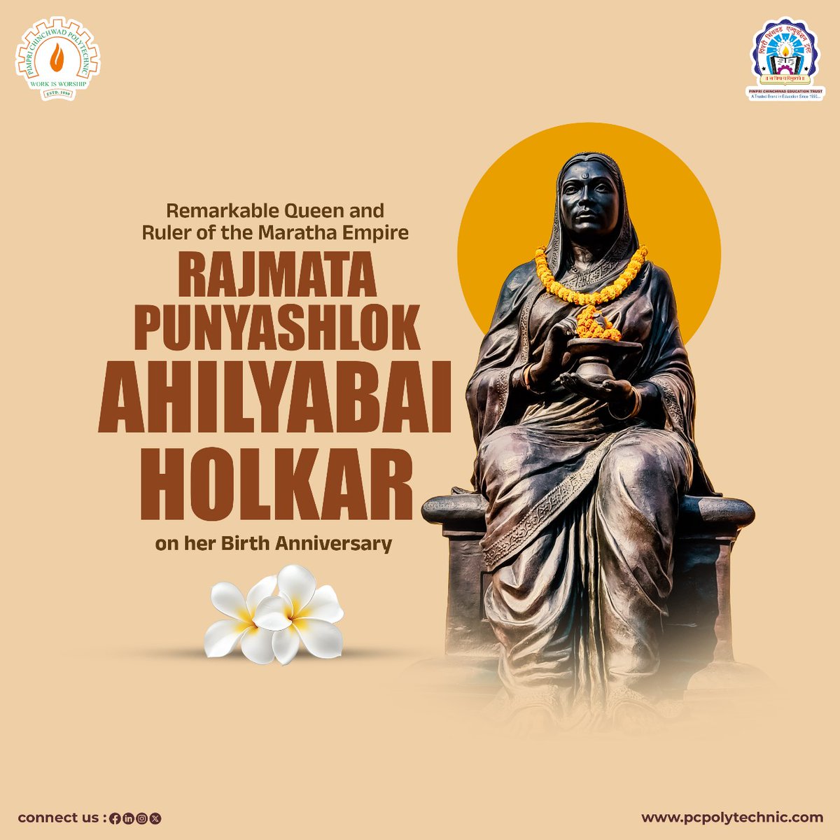 pcet_pcp's tweet photo. ✨Humble tributes to Punyashloka Ahilyabai Holkar on her birth anniversary🙏
The life of Ahilyabai Holkar, who became a noble example of culture, religion, justice &amp; administration, is the glory of women's power. https://t.co/inx6oTGLDK
