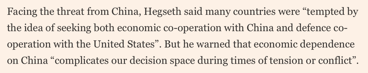 "Facing the threat from China, Hegseth said many countries were 'tempted by the idea of seeking both economic co-operation with China and defence co-operation with the United States'."

🤔
ft.com/content/bee0be…