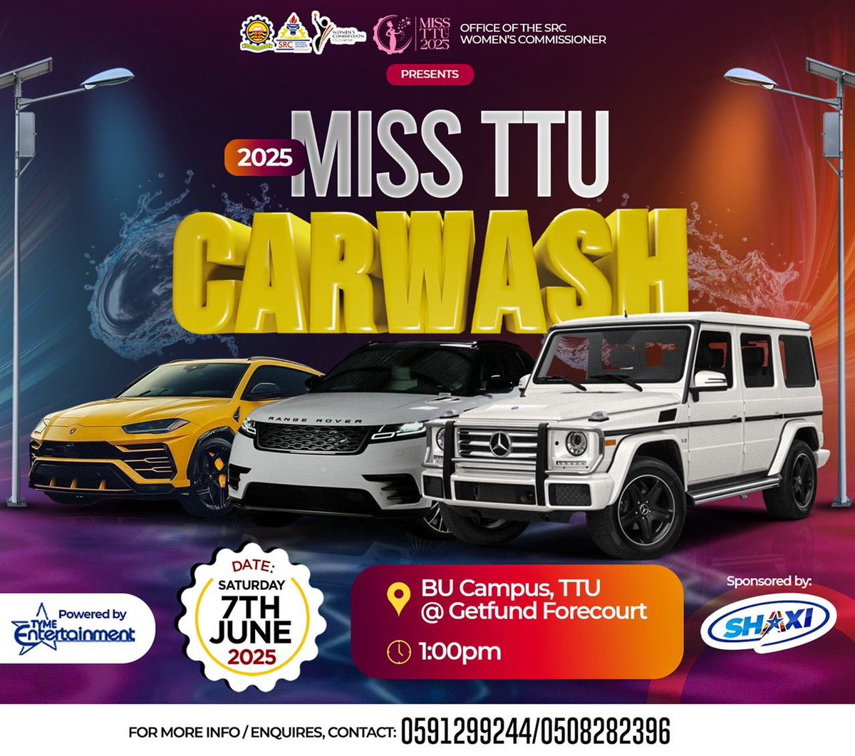 TaadiSAS's tweet photo. It’s the time of the year again. Last year was a hit, this year’s edition will be 🔥🔥🔥🔥.

It’s the MISS TTU CARWASH 2025 🚗💃💦🧽

📍- TTU BU CAMPUS
📆 - 7th JUNE, 2025
⏰- 1pm sharp.

Cars, people and music. It’s gonna fun 🤩. Don’t miss it. @OfficialTTU https://t.co/Lg2PaO55XB