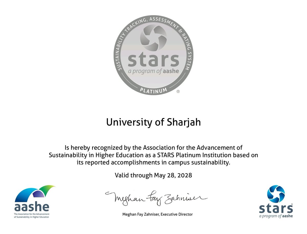 نُبارك لجامعة الشارقة حصولها على التصنيف البلاتيني وفق نظام STARS العالمي، كأول جامعة في الشرق الأوسط تحقق نسبة 100٪ في التعليم والأبحاث المستدامة.
خالص الشكر والتقدير لجميع القائمين على هذا الإنجاز النوعي الذي يعكس رؤية الجامعة والتزامها الراسخ بالاستدامة.