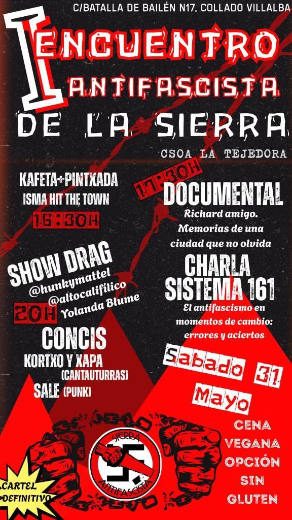 CNT AIT Sierra de Madrid (@cntaitsierra) on Twitter photo Está tarde tenemos en #Villalba el 1 Encuentro Antifascista de la Sierra organizado por <a href="/SierraAntifa/">Sierra Antifascista</a> con con un montón de eventos super interesantes. Te esperamos en el CSOA La Tejedora en calle Batalla de Bailén 17. ¡No te lo pierdas! Está tarde tenemos en #Villalba el 1 Encuentro Antifascista de la Sierra organizado por <a href="/SierraAntifa/">Sierra Antifascista</a> con con un montón de eventos super interesantes. Te esperamos en el CSOA La Tejedora en calle Batalla de Bailén 17. ¡No te lo pierdas!