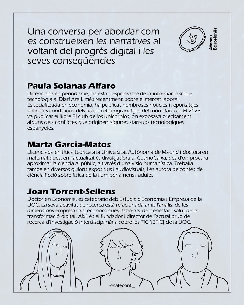 Cafè Continental ☕ (@cafeconti_) on Twitter photo ‼️ Nova tertúlia el dijous 5 de juny a les 19h!
Parlarem de l’abast de noves tecnologies i repassarem les conseqüencies econòmiques del seu desplegament; amb les perspectives de <a href="/paulasolanas/">Paula Solanas</a>, Marta Garcia-Matos i <a href="/Joan_torrentuoc/">Joan Torrent Sellens</a>. 🖥️
🎟️ Inscripcions: forms.gle/nB894amsjct4ff… ‼️ Nova tertúlia el dijous 5 de juny a les 19h!
Parlarem de l’abast de noves tecnologies i repassarem les conseqüencies econòmiques del seu desplegament; amb les perspectives de <a href="/paulasolanas/">Paula Solanas</a>, Marta Garcia-Matos i <a href="/Joan_torrentuoc/">Joan Torrent Sellens</a>. 🖥️
🎟️ Inscripcions: forms.gle/nB894amsjct4ff…