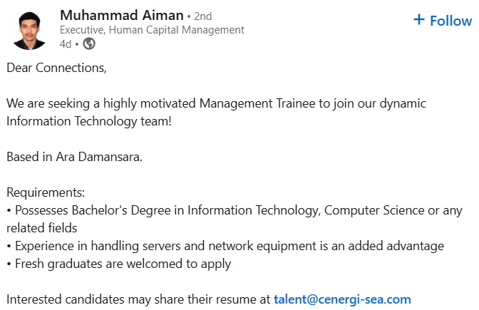 🚀 Management Trainee (IT)
📍 Ara Damansara
🎓 Degree in IT/CS/related field
💡 Fresh grads welcome!
🖥️ Server/network experience = bonus
📩 Send CV to: talent@cenergi-sea.com
#FreshGradJobs #ITJobs #KerjaKosong #TechCareers #HiringNow