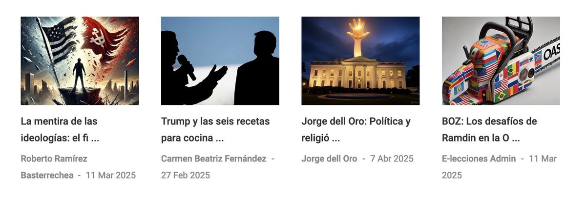 #LOMASLEIDO en <a href="/eleccionesnet/">e-lecciones.net</a>: 
1⃣ La mentira de las ideologías, <a href="/RamirezBRoberto/">Roberto Ramírez Basterrechea</a>
2⃣ 6 recetas del populismo autoritario, <a href="/carmenbeat/">Carmen Beatriz Fernández</a>  
3⃣ Política y religión, <a href="/dellOroJorge/">Jorge Dell´Oro</a> 
4⃣ Los desafíos de Ramdin en la <a href="/OEA_oficial/">OEA</a>, <a href="/bloggingsbyboz/">boz</a> 
e-lecciones.net/opinion/
