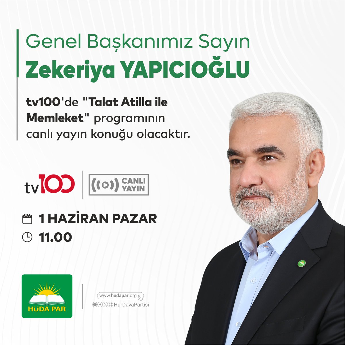 Genel Başkanımız Sayın Zekeriya Yapıcıoğlu, yarın saat 11.00'de tv100'de "Talat Atilla ile Memleket" programının canlı yayın konuğu olacaktır.