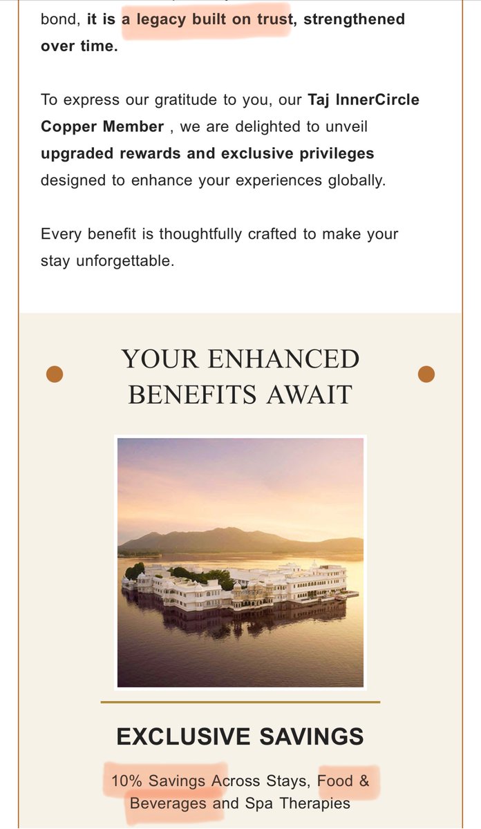 Aashish Bansal (@unbelted) on Twitter photo Hi <a href="/TajHotels/">Taj Hotels</a>, how is reducing the F&B privilege from 25% to 10% an upgrade? Doesn’t quite match the legacy of trust, if you ask me.
What fine print am I missing here? Hi <a href="/TajHotels/">Taj Hotels</a>, how is reducing the F&B privilege from 25% to 10% an upgrade? Doesn’t quite match the legacy of trust, if you ask me.
What fine print am I missing here?