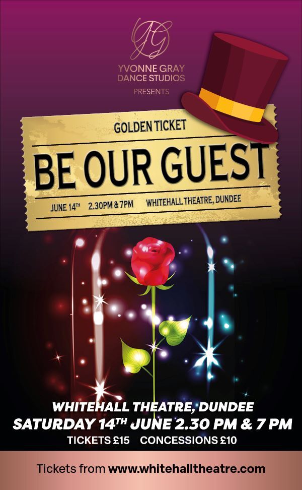 Yvonne Gray Dance Studios present Be Our Guest! 🌹 A scrumdiliumcious journey through dance of the tales of Beauty and The Beast and Charlie &amp; The Chocolate Factory 🎶👯

📆 Saturday 14th June 14:30 &amp; 19:00
Book your tickets here 🎟️ pulse.ly/vukr6ihled
