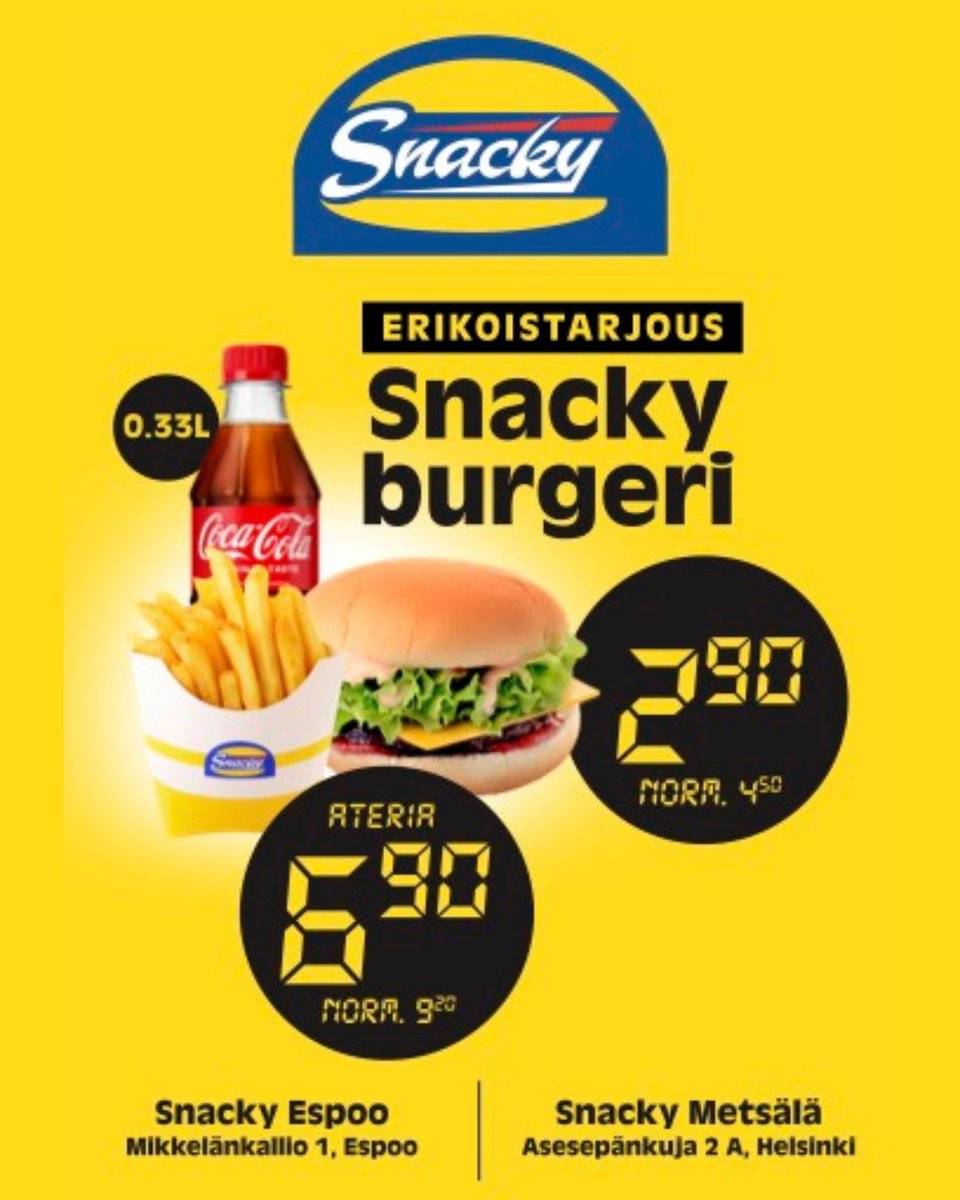 SnackyFIN's tweet photo. Snacky burgeri nyt vain 2,90 €
Jos nälkä on isompi, ateriana 6,90 €! 😋💥
Tarjous voimassa Espoon ja Metsälän ravintoloissa. Tule käymään!
#Snacky #Snacyfin #tarjous #snackyburger https://t.co/kSCPigB62E