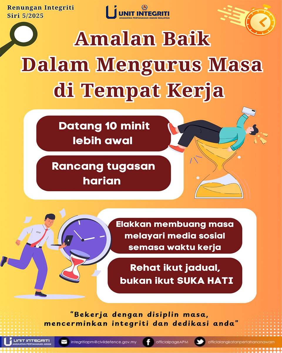Angkatan Pertahanan Awam Malaysia Official (@apmtwiter) on Twitter photo #ASPIRASI
RENUNGAN INTEGRITI SIRI 05/2025 : AMALAN BAIK DALAM MENGURUS MASA DI TEMPAT KERJA
Teruskan bersama kami bagi mendapatkan maklumat yang sahih dan tepat.
Disediakan oleh :
Unit Integriti,
Ibu Pejabat Angkatan Pertahanan Awam Malaysia (APM)
<a href="/jpmgov_/">Jabatan Perdana Menteri</a> #ASPIRASI
RENUNGAN INTEGRITI SIRI 05/2025 : AMALAN BAIK DALAM MENGURUS MASA DI TEMPAT KERJA
Teruskan bersama kami bagi mendapatkan maklumat yang sahih dan tepat.
Disediakan oleh :
Unit Integriti,
Ibu Pejabat Angkatan Pertahanan Awam Malaysia (APM)
<a href="/jpmgov_/">Jabatan Perdana Menteri</a>