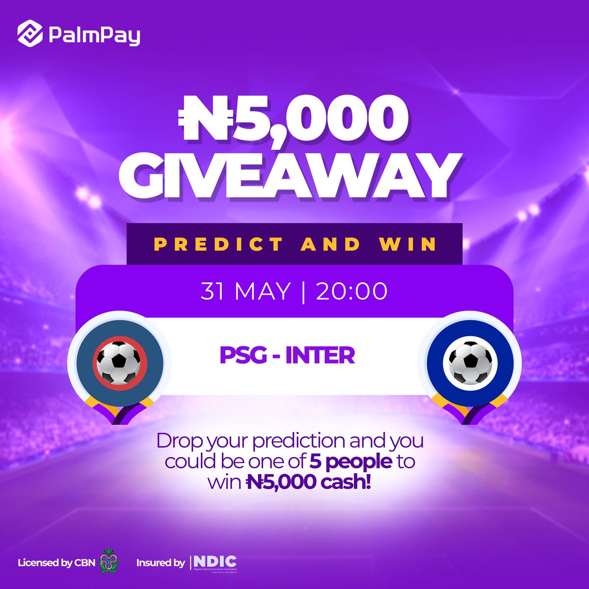 PalmPay Nigeria (@palmpay_ng) on Twitter photo Think you know who's winning the Champions League Final?
Predict the correct score between PSG and Inter and stand a chance to be one of 5 people to win ₦5,000 cash.
Here's how to win:
- Make sure you are following us on <a href="/palmpay_ng/">PalmPay Nigeria</a>
- Tag 3 friends to this post
- Like this Think you know who's winning the Champions League Final?
Predict the correct score between PSG and Inter and stand a chance to be one of 5 people to win ₦5,000 cash.
Here's how to win:
- Make sure you are following us on <a href="/palmpay_ng/">PalmPay Nigeria</a>
- Tag 3 friends to this post
- Like this