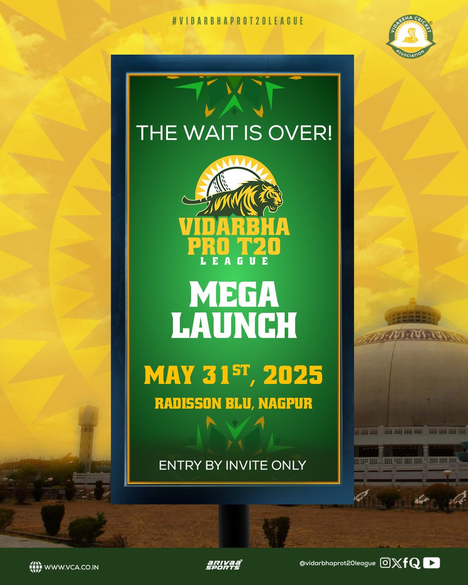 vidarbhaprot20's tweet photo. Clear your calendar. Charge your energy. Today marks the official kickoff of our Mega Launch! 🔥
Be there when it all begins 🥳
#VidarbhaProT20League #MegaLaunch #Nagpur https://t.co/OYyMIS5qqN