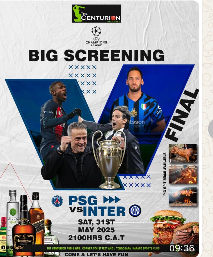 gama_stanley's tweet image. The big one is on today. The Centurion Pub and Grill at Harare Sports Club will be broadcasting the final between PSG and Inter Milan on the big screen. It’s the place to be for the final today. I’m rooting for PSG and will watch from the Centurion. Who are you supporting?