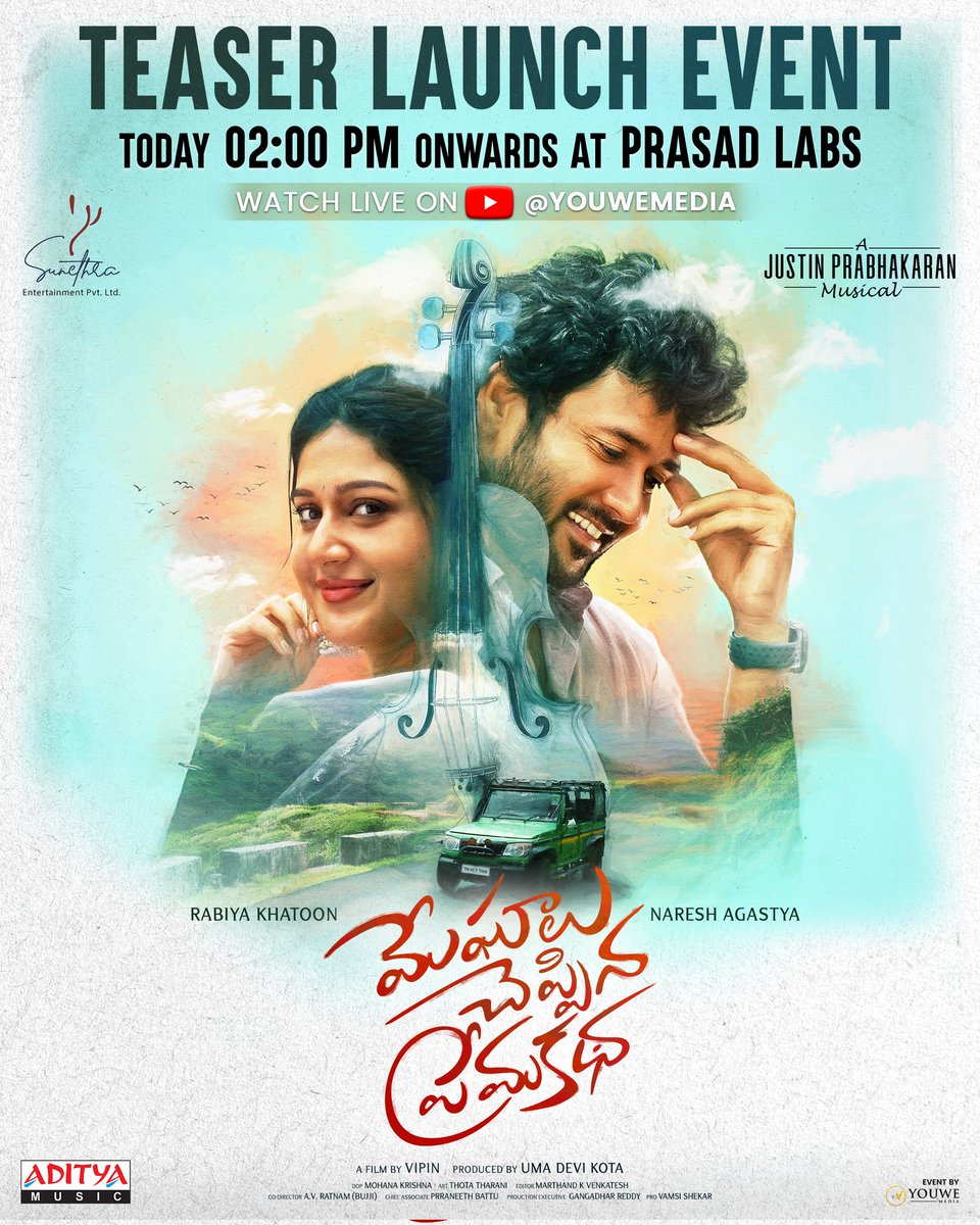 Sunethra Entertainments (@sunethraentoffl) on Twitter photo Love. Music. Misty Hills. ❤️
A magical story is about to unfold 💕
Catch the #MeghaaluCheppinaPremaKatha TEASER Launch Event – Today, 2 PM Onwards at Prasad Labs 🤩
@NareshAgastya #RabiyaKhatoon <a href="/realradikaa/">Radikaa Sarathkumar</a> <a href="/sumantalwars/">Suman Talwar</a> <a href="/Vipin319159/">Vipin</a> <a href="/justin_tunes/">Justin Prabhakaran</a> <a href="/umavijaykumar/">Uma Devi Kota</a> Love. Music. Misty Hills. ❤️
A magical story is about to unfold 💕
Catch the #MeghaaluCheppinaPremaKatha TEASER Launch Event – Today, 2 PM Onwards at Prasad Labs 🤩
@NareshAgastya #RabiyaKhatoon <a href="/realradikaa/">Radikaa Sarathkumar</a> <a href="/sumantalwars/">Suman Talwar</a> <a href="/Vipin319159/">Vipin</a> <a href="/justin_tunes/">Justin Prabhakaran</a> <a href="/umavijaykumar/">Uma Devi Kota</a>