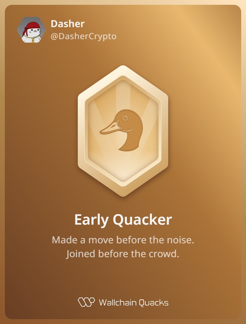 Dasher (@dashercrypto) on Twitter photo Just unlocked the Early Quacker on <a href="/wallchain_xyz/">Wallchain Quacks</a> 🏆
How cool is that?
Feels great to have my contributions recognized.
How’s Wallchain Quacks been treating you so far?
Not on board yet? Drop a comment for an invite (i have 3 left)👇🦆 Just unlocked the Early Quacker on <a href="/wallchain_xyz/">Wallchain Quacks</a> 🏆
How cool is that?
Feels great to have my contributions recognized.
How’s Wallchain Quacks been treating you so far?
Not on board yet? Drop a comment for an invite (i have 3 left)👇🦆