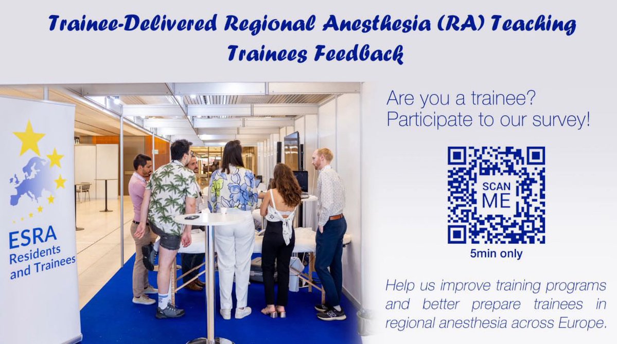 ESRA Trainees (@esra_trainees) on Twitter photo Dear Trainee, Your opinion matters to us!
<a href="/ESRA_Society/">ESRA | European Society of Regional Anaesthesia</a> is committed to improving training programmes across Europe.
Please scan the QR code in the image or click the link below to complete our short survey.
Thank you for helping us shape the future
surveymonkey.com/r/RFBVD28 Dear Trainee, Your opinion matters to us!
<a href="/ESRA_Society/">ESRA | European Society of Regional Anaesthesia</a> is committed to improving training programmes across Europe.
Please scan the QR code in the image or click the link below to complete our short survey.
Thank you for helping us shape the future
surveymonkey.com/r/RFBVD28