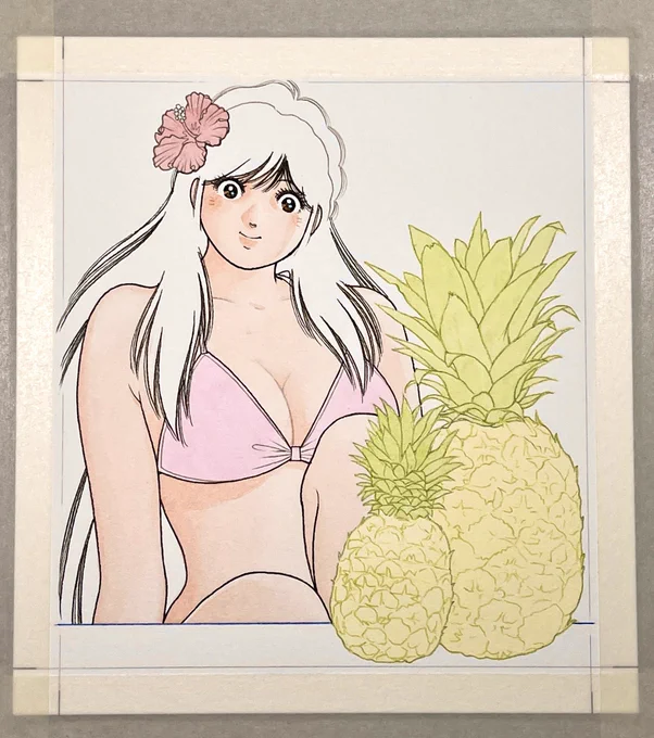 『エルPineapples』 ミニ色紙サイズ水彩紙 彩色過程〜完成