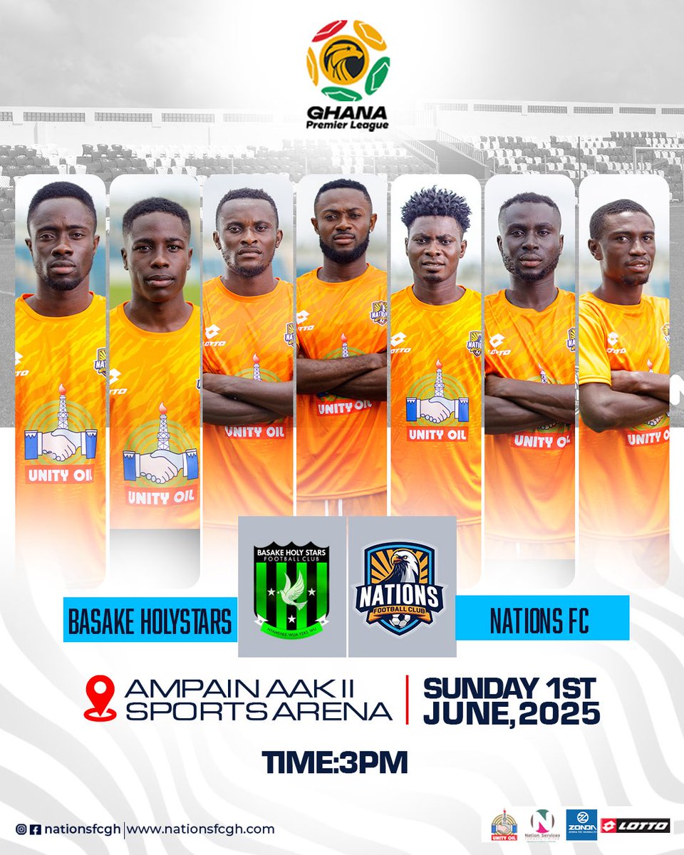 𝙉𝙀𝙓𝙏 𝙈𝘼𝙏𝘾𝙃 🔜 𝐀𝐰𝐚𝐲 𝐅𝐫𝐨𝐦 𝐇𝐨𝐦𝐞 🏡

⚽️ Basake Holy Stars vs Nations FC
🏟 Ampain Aak II Sports Arena 
📍 Azulewanu
🗓 1st June, 2025
⏰ 3:00 PM

Winning Is From Within 🔵🟠⚪️ 🦅 

#NationsFC #NFC #Ghanapremierleague #LottoSports #Zonda