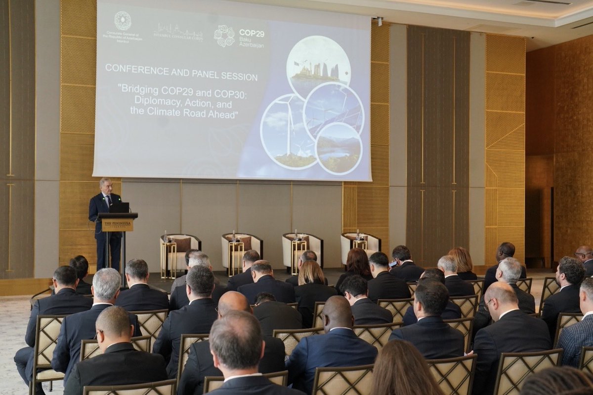 ComanescuLazar's tweet image. Pleased to address the Conference “Bridging COP29 and COP 30” hosted  on 30May 2025 by 🇦🇿Consulate General in Istanbul and exchange views on climate challenges with Yalchin Rafiyev, DFM of Azerbaijan, current COP29Presidency  &amp;amp; BSEC’s Chairmanship in Office.