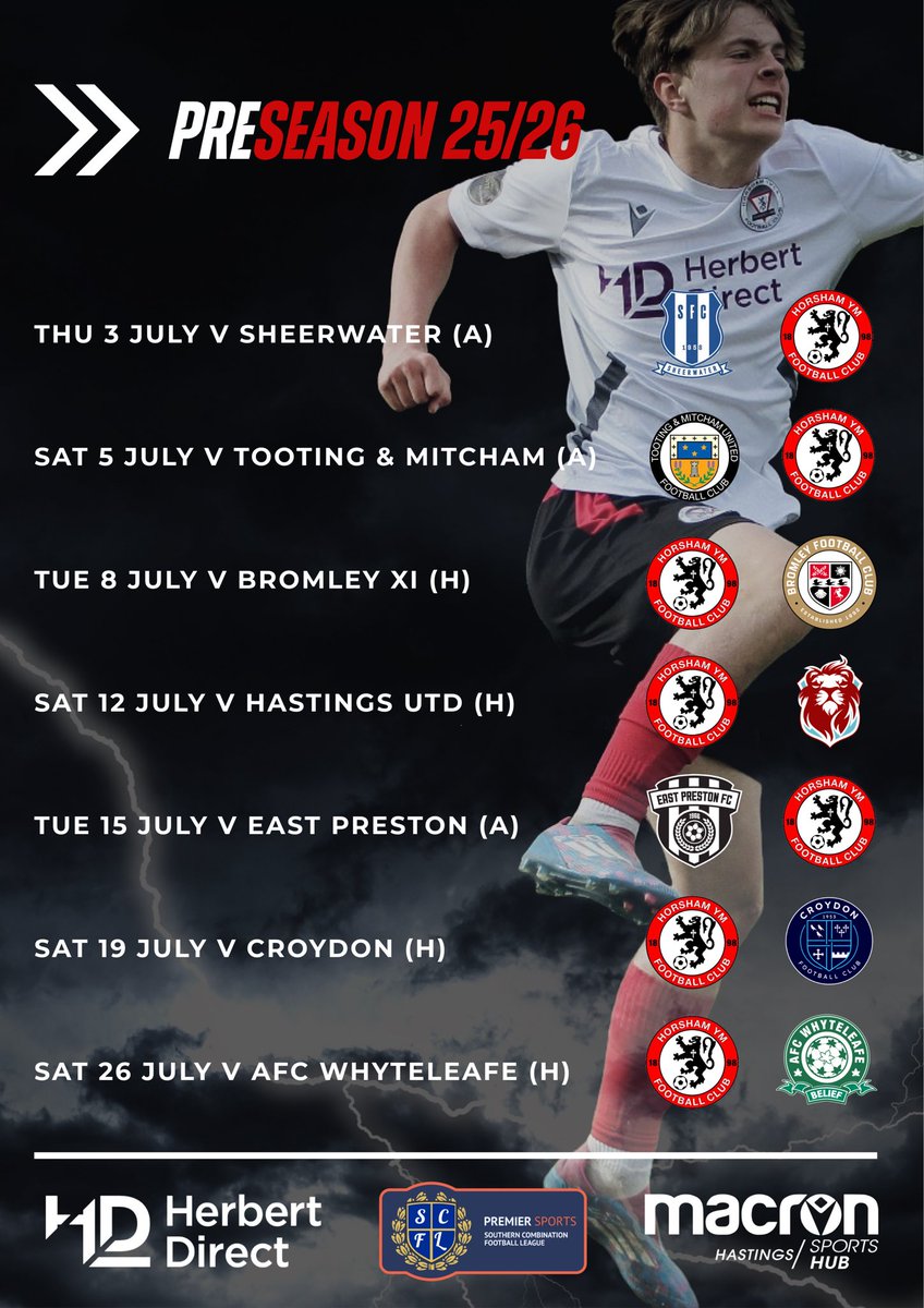 Horsham YMCA FC (@horshamymcafc) on Twitter photo Dates for your diary as we announce our exciting pre-season schedule with four mouthwatering matchups at The <a href="/HerbertDirect/">Herbert Direct Ltd</a> Stadium and three on the road
Buckle up for 25/26
<a href="/Sheerwaterfc/">Sheerwater FC</a>
<a href="/OfficialTmufc/">Tooting & Mitcham United FC</a>
<a href="/bromleyfc/">Bromley FC</a>
<a href="/hastingsufc/">Hastings United FC</a>
<a href="/EastPrestonFC/">East Preston FC</a>
<a href="/Croydon_FC/">Croydon FC</a>
<a href="/AFCWhyteleafe/">AFC Whyteleafe 🏆🏆</a> Dates for your diary as we announce our exciting pre-season schedule with four mouthwatering matchups at The <a href="/HerbertDirect/">Herbert Direct Ltd</a> Stadium and three on the road
Buckle up for 25/26
<a href="/Sheerwaterfc/">Sheerwater FC</a>
<a href="/OfficialTmufc/">Tooting & Mitcham United FC</a>
<a href="/bromleyfc/">Bromley FC</a>
<a href="/hastingsufc/">Hastings United FC</a>
<a href="/EastPrestonFC/">East Preston FC</a>
<a href="/Croydon_FC/">Croydon FC</a>
<a href="/AFCWhyteleafe/">AFC Whyteleafe 🏆🏆</a>