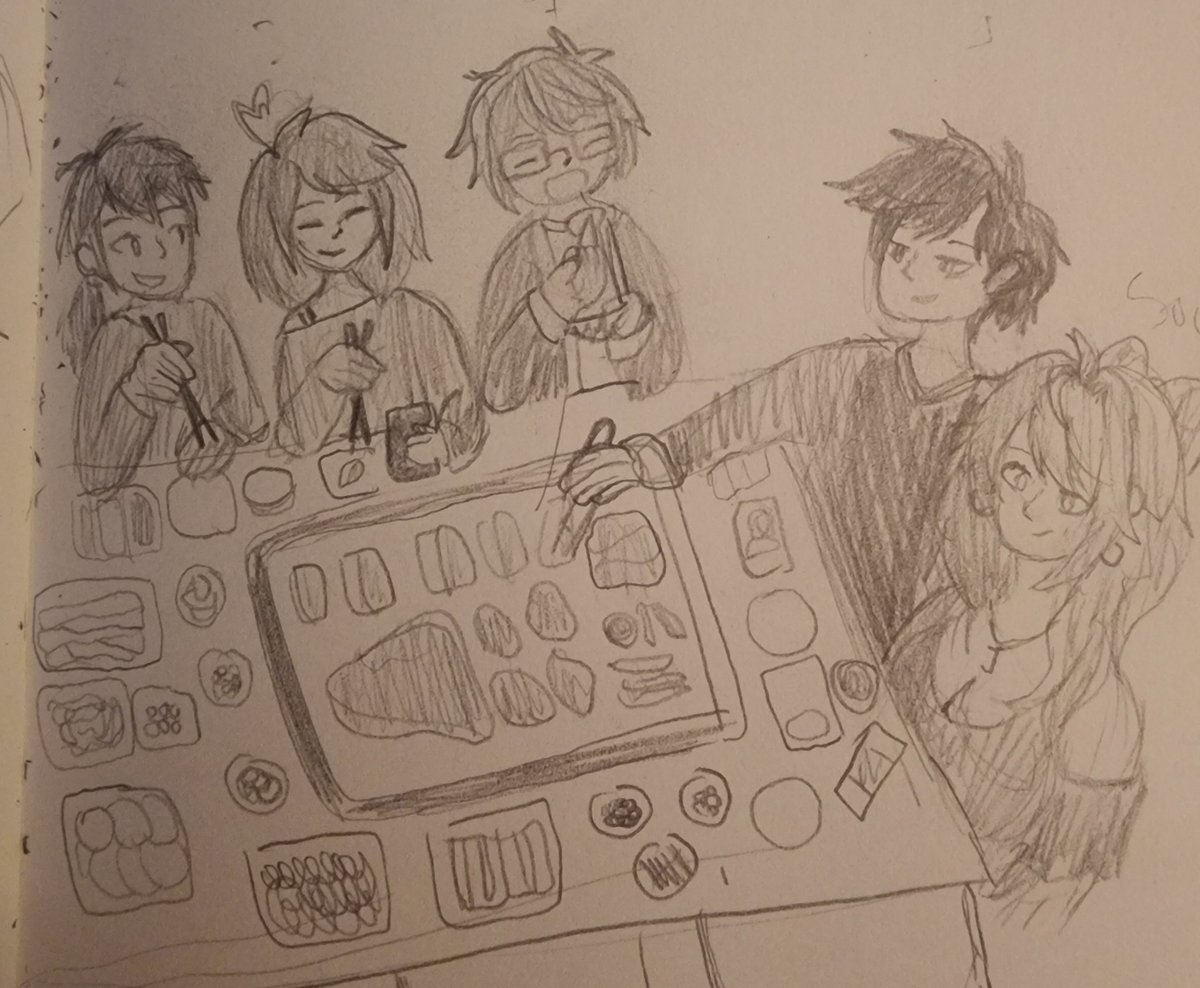 HomerunPeach's tweet image. #YuMay Day 30: BBQ w/ friends 
Zen, Jumin, Zen and @hanjumins_wife 
[ZenSun 🎬📸]
 was gonna draw everyone but it was crowded and i cant draw back of heads yet haha 
#yumetwt #YuMay2025 #mysmesoc