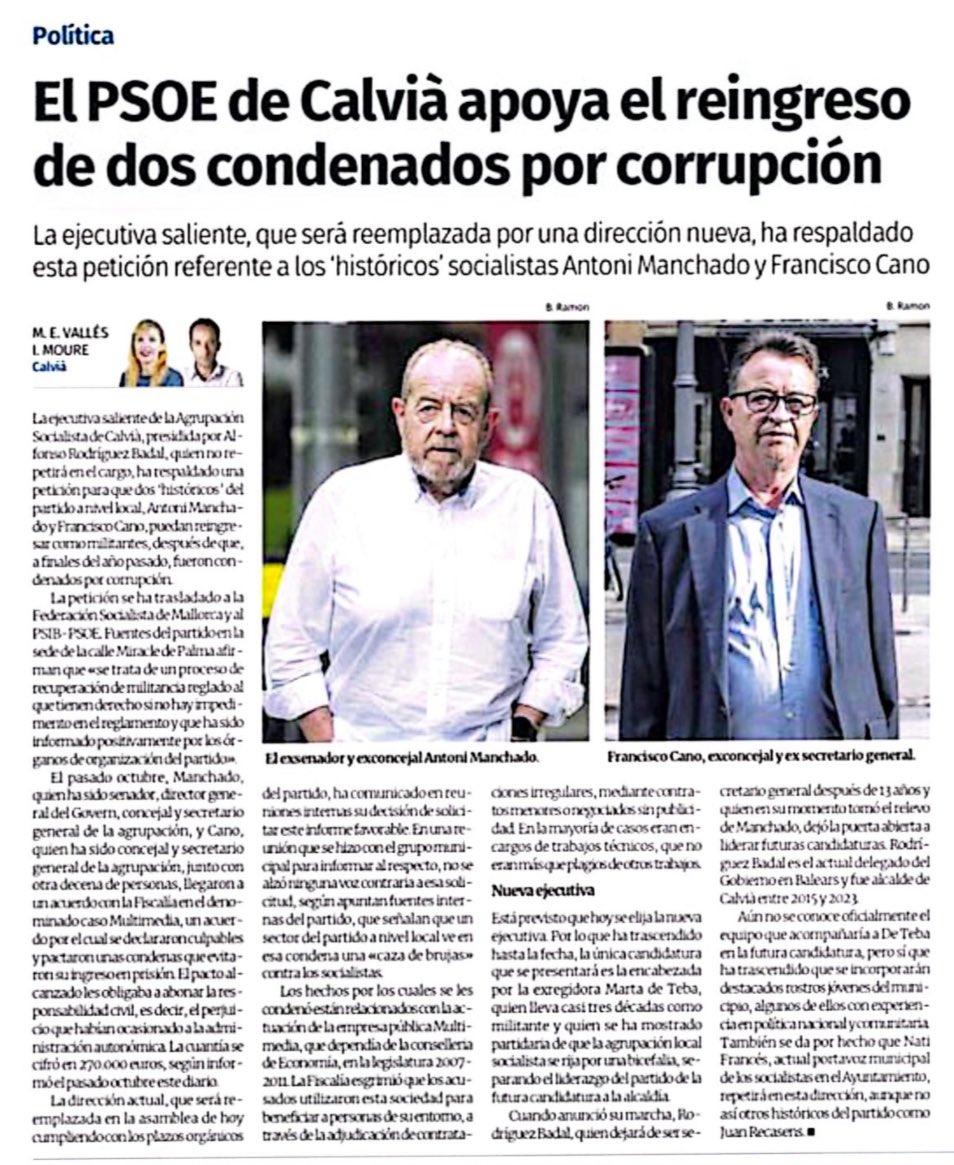 Esto sí que es una “infamia”, <a href="/Iagonegue/">Iago Negueruela</a>. Los rehabilitan porque el marido de la nueva secretaria general del <a href="/psibpsoe/">PSIB-PSOE</a> de Calvià también fue condenado en el mismo ‘caso Multimedia’ que estos dos…