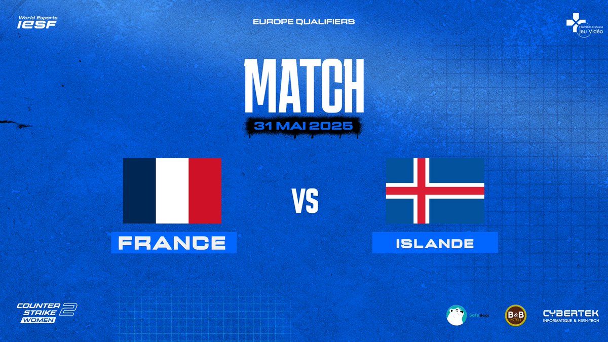 European Qualif IESF CS2 Women

🎯 Rendez-vous décisif pour les Bleues !

Objectif : décrocher une place en phases finales au 🇽🇰 Kosovo !

🇫🇷 vs 🇮🇸 BO3 
⌚️12H
🎙️<a href="/Aieclakx/">Antoine Bchini</a> ft <a href="/JawedCS/">Jawed</a> 
🎥 twitch.tv/ffjv_officiel &amp; twitch.tv/jawedcs

Allez les filles 💪🇫🇷