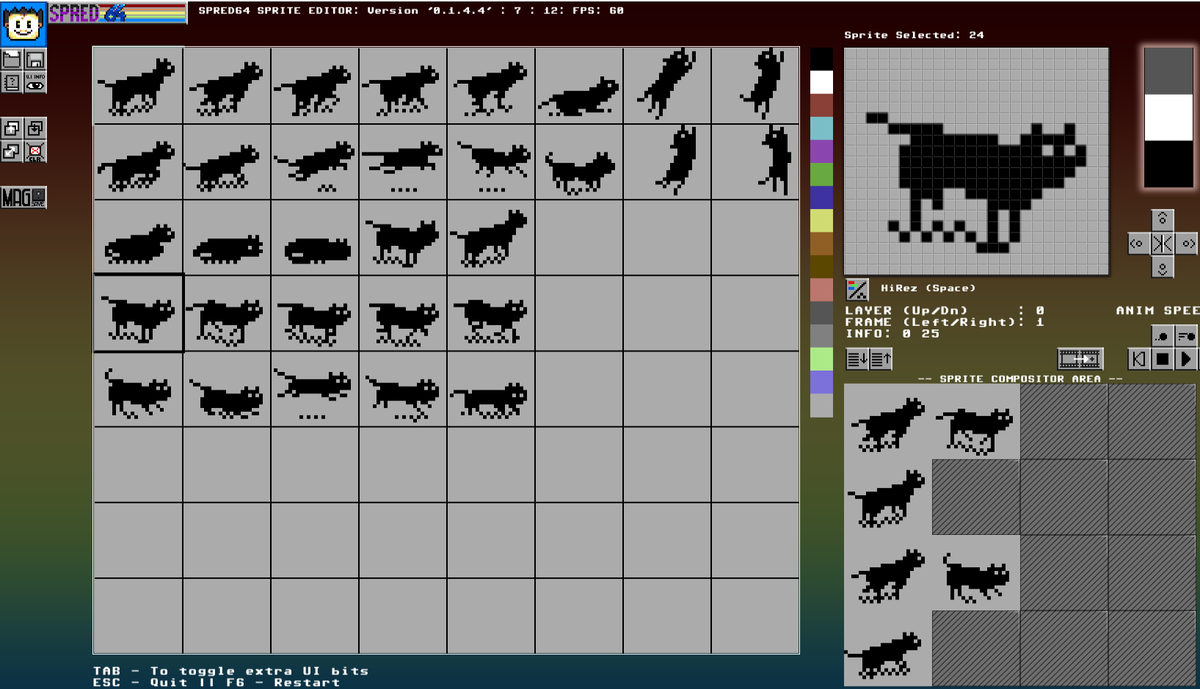 RoRamsay's tweet photo. The old #CityCat sprites for #C64 still reasonate with me...I forget why we had to make him bigger and 2 sprites but anyways. Here's a shot from #Spred64 https://t.co/B6eDUDWMqs https://t.co/MXS4bta779