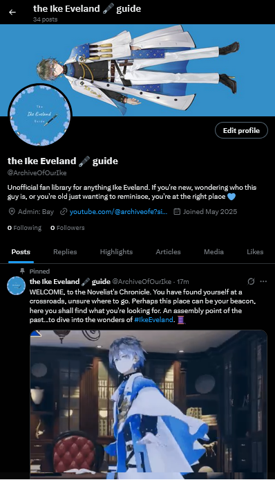 obscure_gaze's tweet photo. My dear fellow Quilldren, and anyone else interested in Ike, I have made a thing! An account just for memories and compiling the traces left of him. I would be really happy if you use it as a guide 💙 @ArchiveOfOurIke 

#IkeEveland https://t.co/KTVDOksMWc