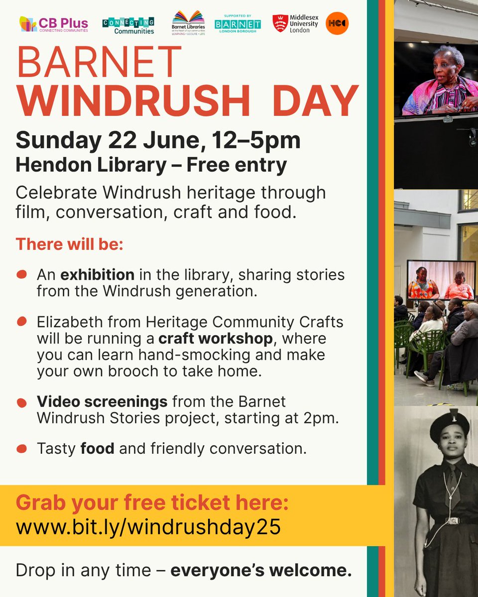 CB Plus (@cbplus_) on Twitter photo Weβre excited to invite you to #Barnet #WindrushDay β a #free community event celebrating Windrush heritage through film, craft and conversation on Sun June 22nd, from 12β5pm at Hendon Library. π
Sign up here: bit.ly/windrushday25
<a href="/BarnetCouncil/">Barnet Council</a> <a href="/BarnetLibraries/">Barnet libraries</a> <a href="/MiddlesexUni/">Middlesex University</a> Weβre excited to invite you to #Barnet #WindrushDay β a #free community event celebrating Windrush heritage through film, craft and conversation on Sun June 22nd, from 12β5pm at Hendon Library. π
Sign up here: bit.ly/windrushday25
<a href="/BarnetCouncil/">Barnet Council</a> <a href="/BarnetLibraries/">Barnet libraries</a> <a href="/MiddlesexUni/">Middlesex University</a>
