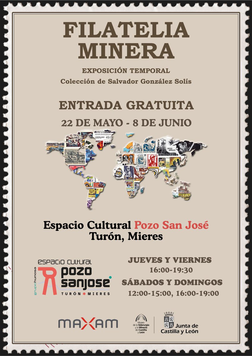 Vsitar la cuenca minera del Caudal en Asturias y aprovechar la oportunidad para ver la exposición de mis sellos mineros en el Espacio Cultural del Pozo San José en Turón (Mieres)
<a href="/MuseoSiderurgia/">MUSEO DE LA SIDERURGIA Y LA MINERIA DE CYL</a>
 <a href="/jcyl/">Junta de Castilla y León</a>