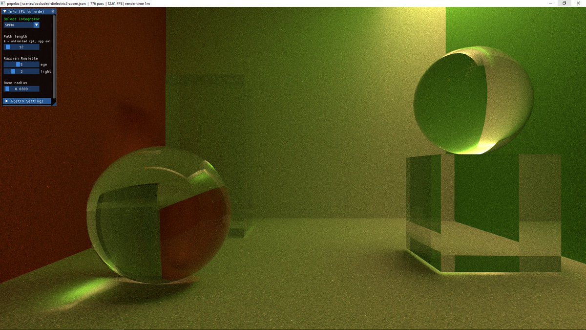 tigratigratigra's tweet image. #sppm
experiments to add &quot;unbiasedness&quot; to sppm(stochastic progressive photon mapping).
I just playing with radius shrinking from fixed 2/3 to variative. 1st - original 2/3
2nd, 3rd - some experimental with randomization also