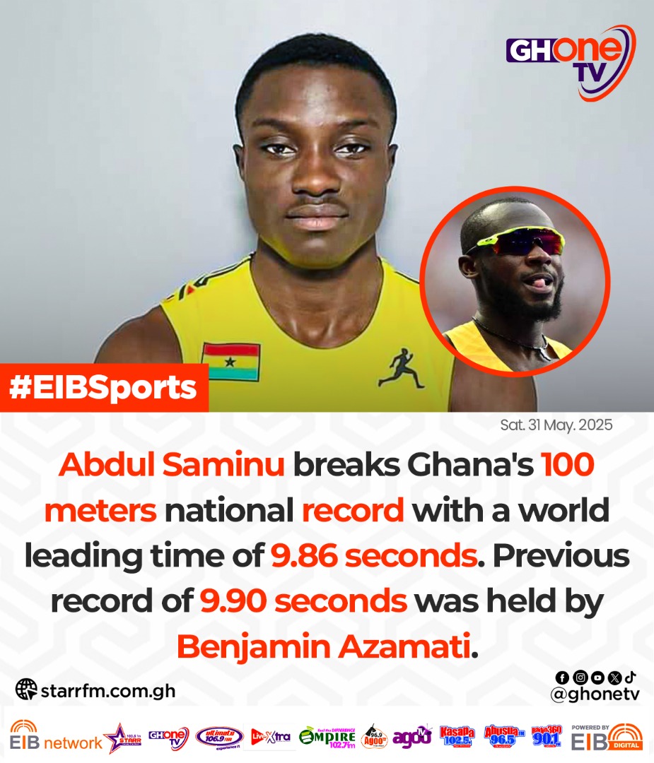 Abdul Saminu breaks Ghana's 100 meters national record with a world leading time of 9.86 seconds... 

#GHOneNews #EIBNetwork 
#GHOneTV #NewsAlert 
#EIBSports