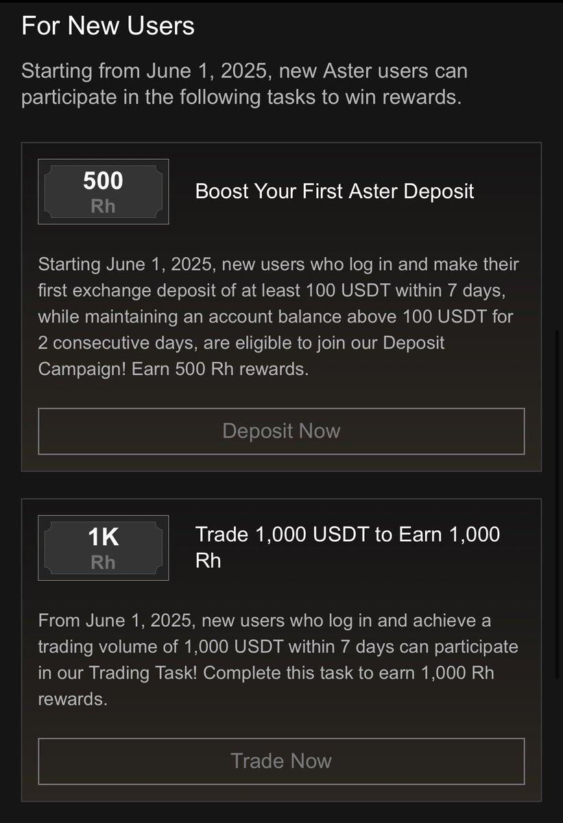 Wang_illusory's tweet image. Aster
@Aster_DEX 有大哥 @cz_binance 喊著
大家也都蠻期待這個月能發幣的
6/1開始有新用戶活動可以參與
(在下方兩張圖片中)
Asterdex目前有兩場種嚕法:
1.透過交易量賺取Rh積分
2.將USDT存入變成USDF,接著再將USDF變成asUSDF,賺取Au積分
asterdex.com/en/referral/E1…