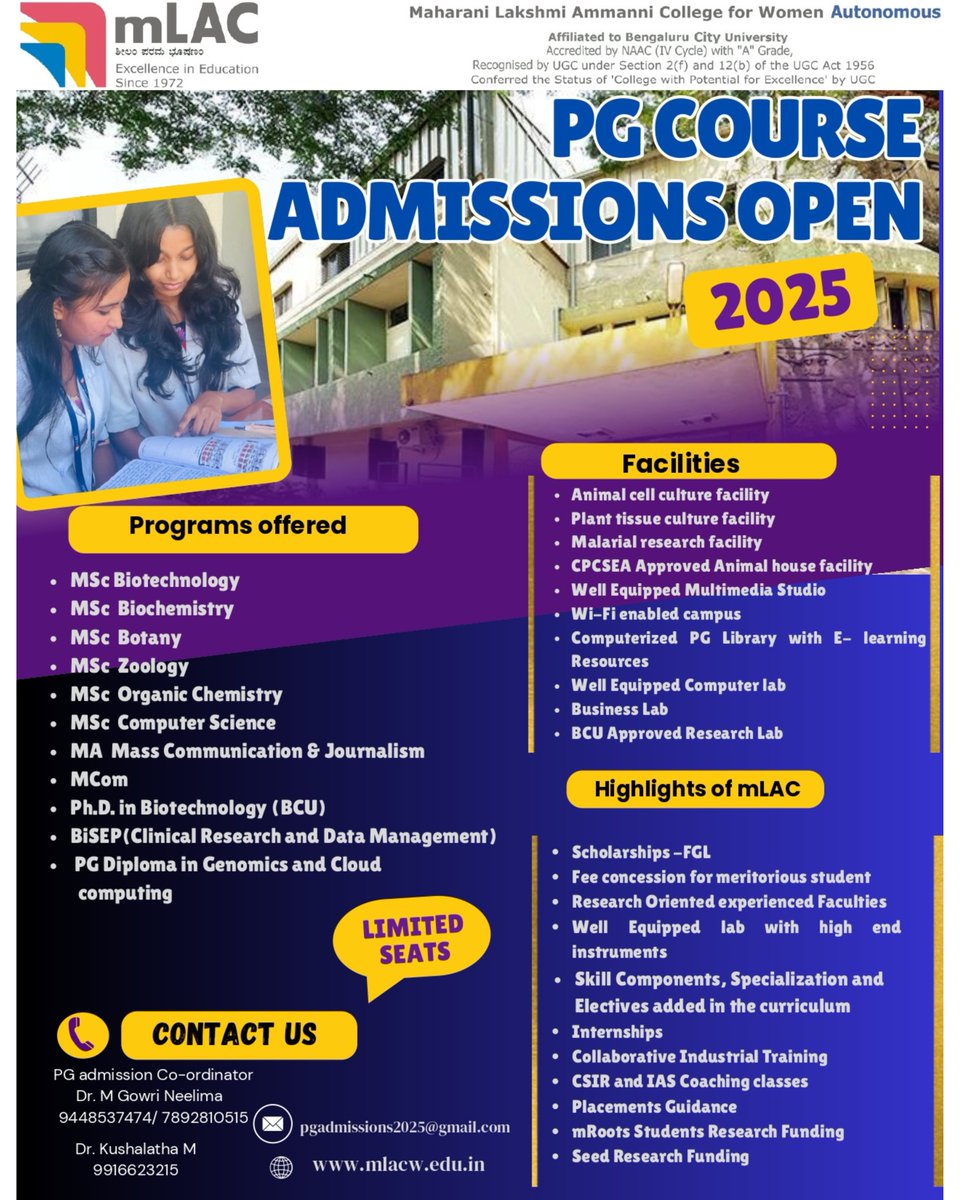mLAC1972's tweet image. PG Admissions Open 2025
Step into a future of excellence with MLAC’s diverse PG programs. 
🔗 mlacw.edu.in
📞 Contact: 9448537474 / 7892810515 / 9916623215

#mLAC #PGAdmissions2025 #MScPrograms #WomensEducation #BengaluruColleges #HigherEducation #AdmissionsOpen