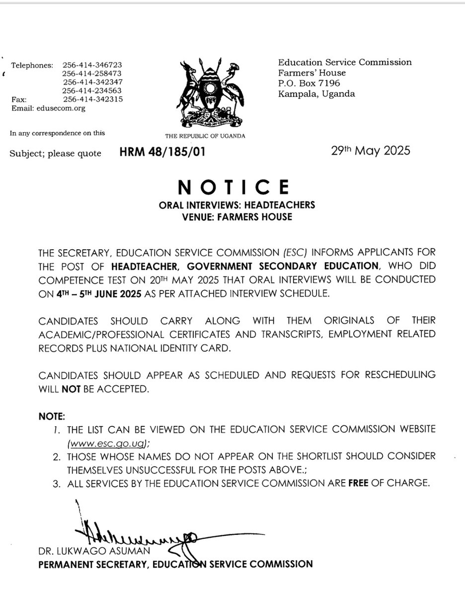 Education Service Commission, Uganda (@esc_uganda) on Twitter photo 📢 NOTICE:
Oral interviews for applicants for the position of Headteacher, Government Secondary Education, have been scheduled on 4-5th June 2025 at Farmers House.
🔗 Details: esc.go.ug
❌ No rescheduling allowed
#ESCUGUpdates <a href="/ps_lukwago/">Dr. Asuman Lukwago</a> <a href="/BukenyaLillian/">Lillian Bukenya</a> 📢 NOTICE:
Oral interviews for applicants for the position of Headteacher, Government Secondary Education, have been scheduled on 4-5th June 2025 at Farmers House.
🔗 Details: esc.go.ug
❌ No rescheduling allowed
#ESCUGUpdates <a href="/ps_lukwago/">Dr. Asuman Lukwago</a> <a href="/BukenyaLillian/">Lillian Bukenya</a>